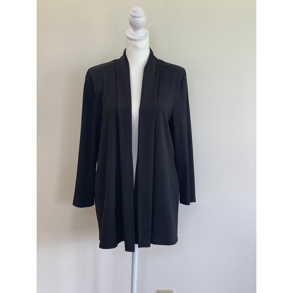 Kasper Womens Black Open Front Cardigan Ribbed Knit Cinched Back Blazer Jacket L